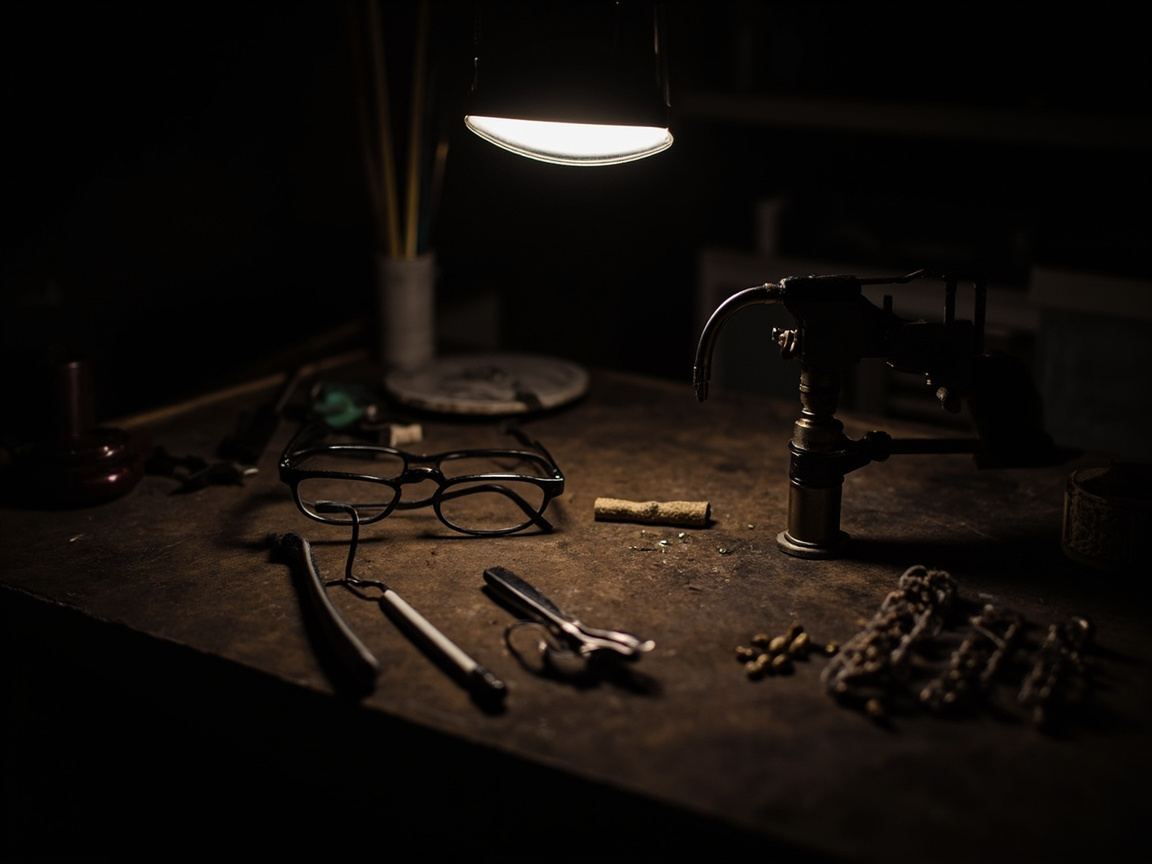 L’établi de montage, meuleuse et petits tournevis sous la lampe