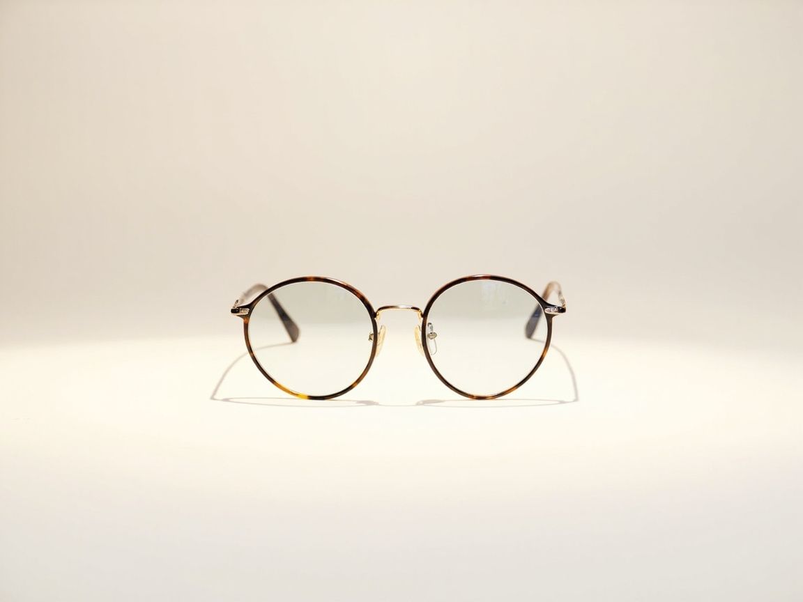 Lunettes rondes en écaille aux verres neutres, vues de face sous la lumière